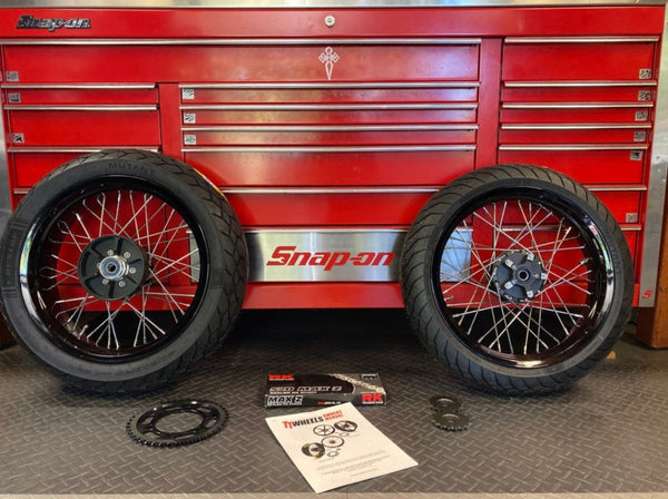 40 Spoke Alloy Wide Supermoto Kit Stage 2 Deposit - Any Size, Any Custom Finish with Tires of your choice.